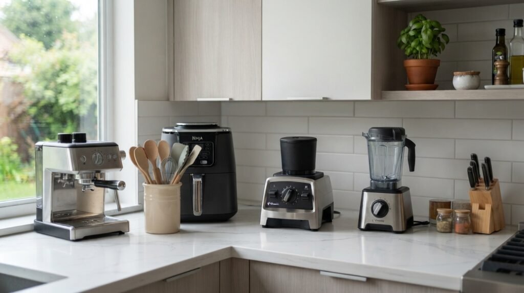 Liquidificador moderno de inox com copo de vidro na bancada de uma cozinha organizada, ilustrando os modelos mais procurados no blog Valhome.