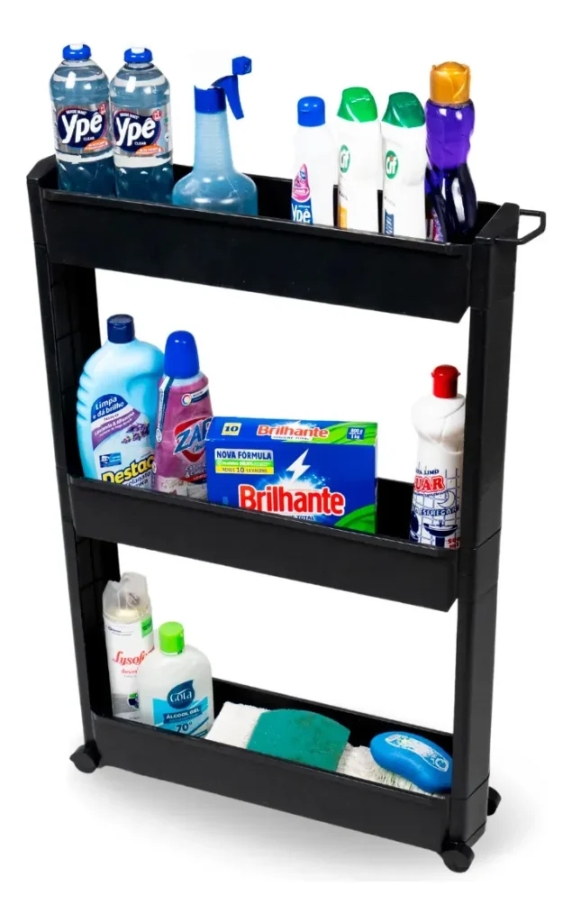 Armário carrinho organizador multiuso slim preto com rodinhas para organização de lavanderia pequena