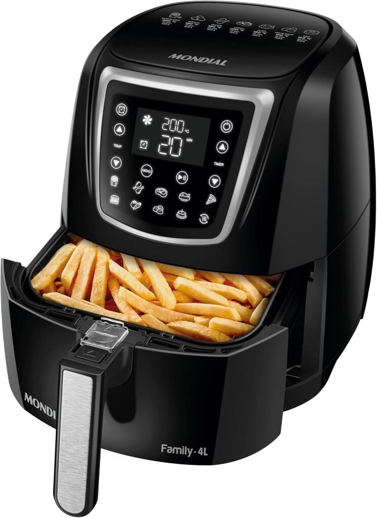 Melhor air fryer preta com batatas fritas na bancada da cozinha