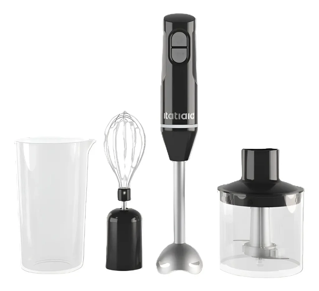 Mixer de mão bom e barato Itatiaia Midi na cor preta com acessórios em fundo branco